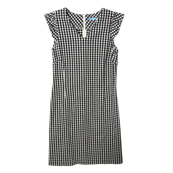 J.McLaughlin Joselyn Gingham Print Dress Navy White Stretch Sheath V Neck 6 - Picture 2 of 10